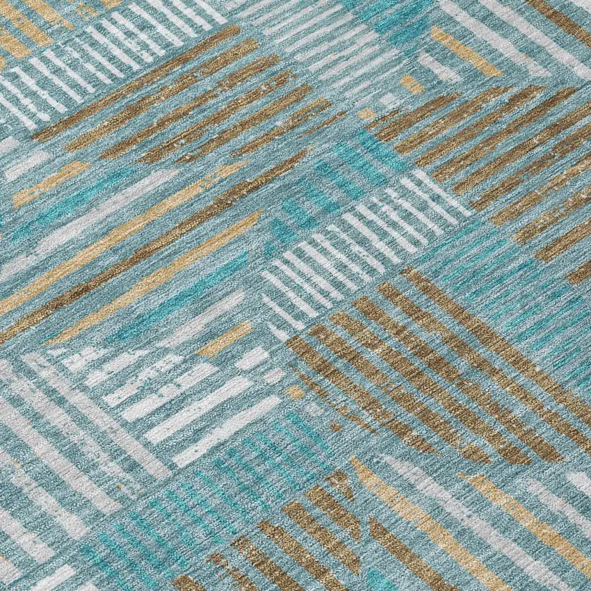 Teal Blue And Brown Geometric Washable Indoor Outdoor Area Rug Photo 6