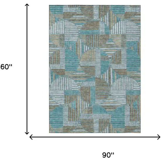 Teal Blue And Brown Geometric Washable Indoor Outdoor Area Rug Photo 7