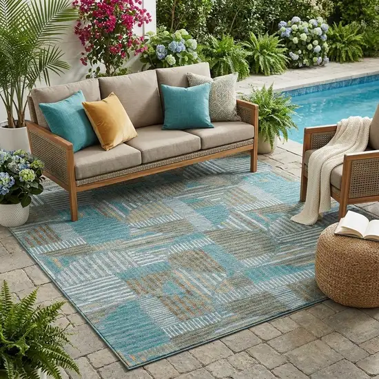 Teal Blue And Brown Geometric Washable Indoor Outdoor Area Rug Photo 1