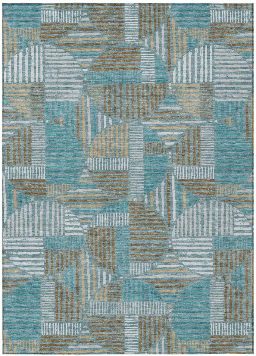 Teal Blue And Brown Geometric Washable Indoor Outdoor Area Rug Photo 2