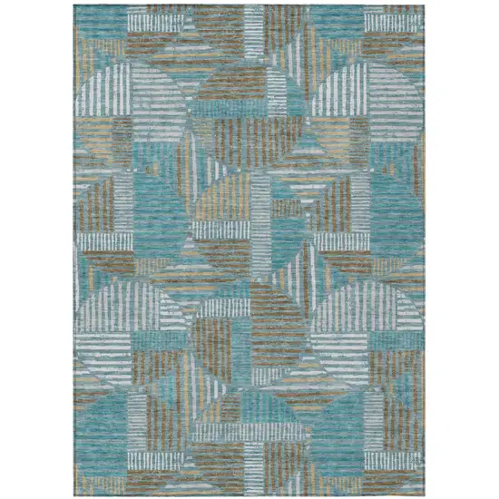 Teal Blue And Brown Geometric Washable Indoor Outdoor Area Rug Photo 2