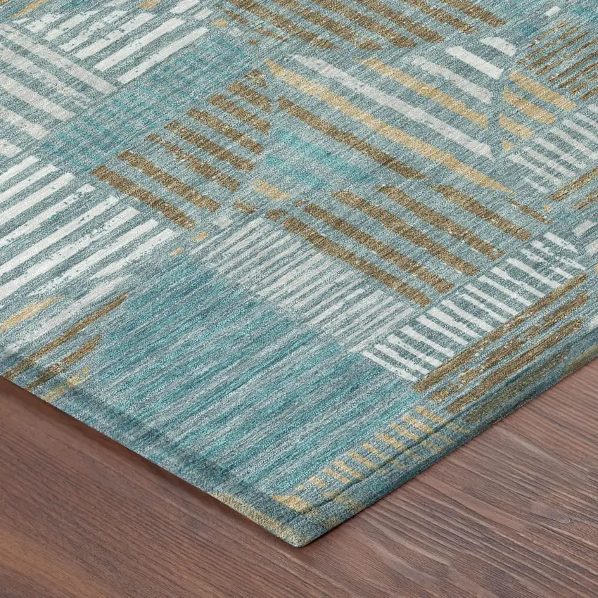 Teal Blue And Brown Geometric Washable Indoor Outdoor Area Rug Photo 5