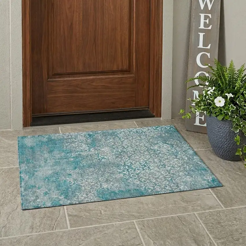 Teal Blue And Brown Oriental Washable Indoor Outdoor Area Rug Photo 1