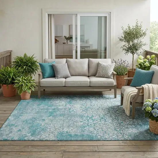 Teal Blue And Brown Oriental Washable Indoor Outdoor Area Rug Photo 1