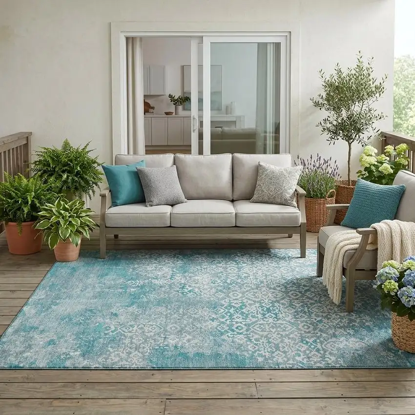 Teal Blue And Brown Oriental Washable Indoor Outdoor Area Rug Photo 1