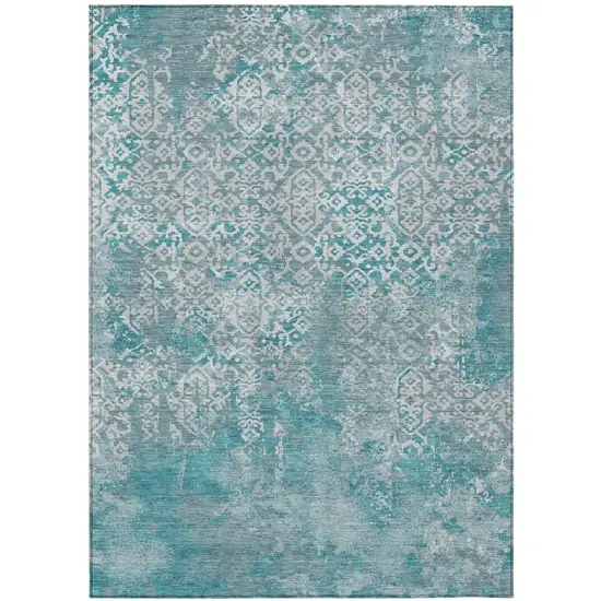 Teal Blue And Brown Oriental Washable Indoor Outdoor Area Rug Photo 2