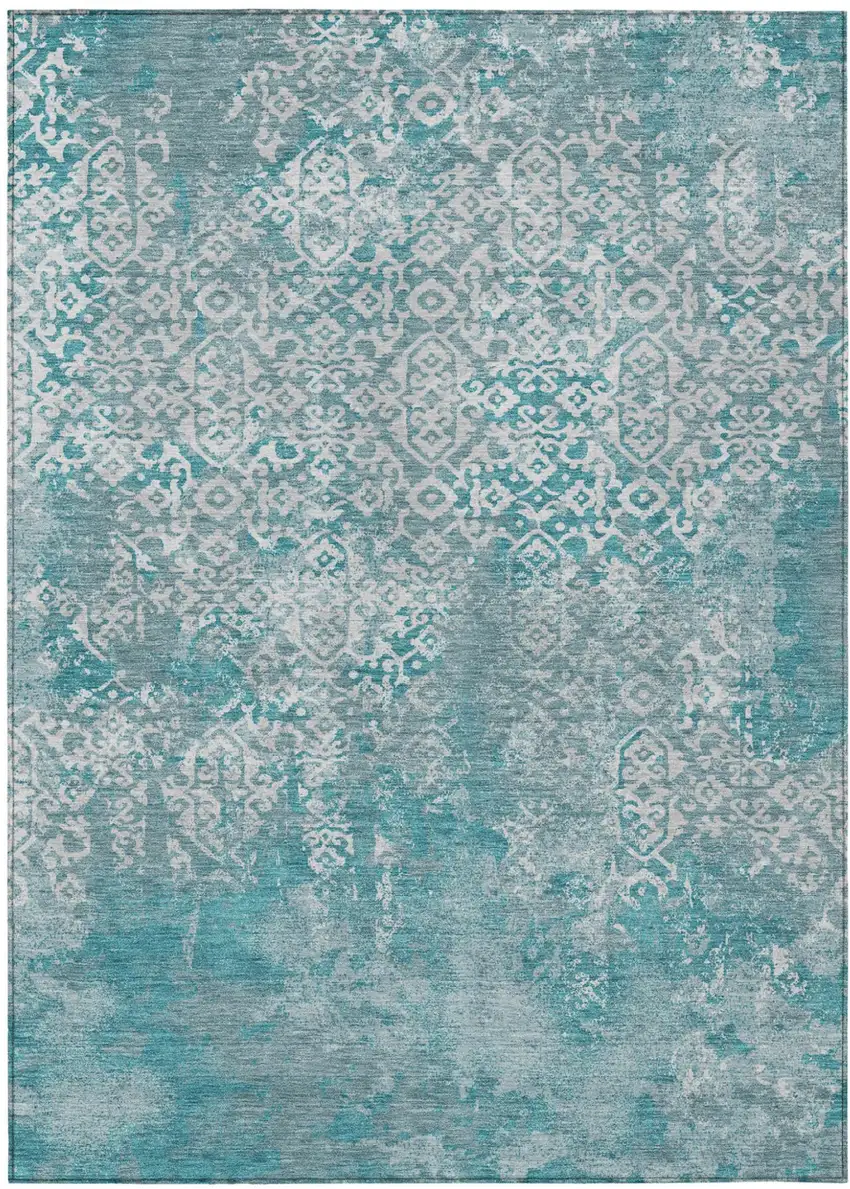 Teal Blue And Brown Oriental Washable Indoor Outdoor Area Rug Photo 2