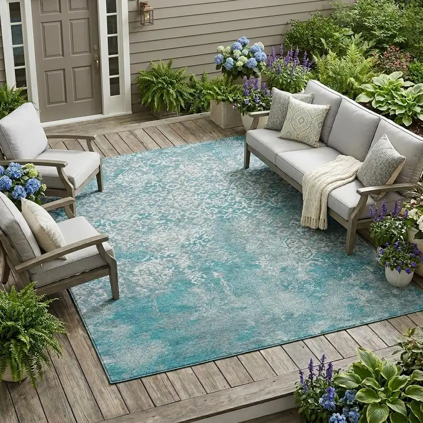 Teal Blue And Brown Oriental Washable Indoor Outdoor Area Rug Photo 1