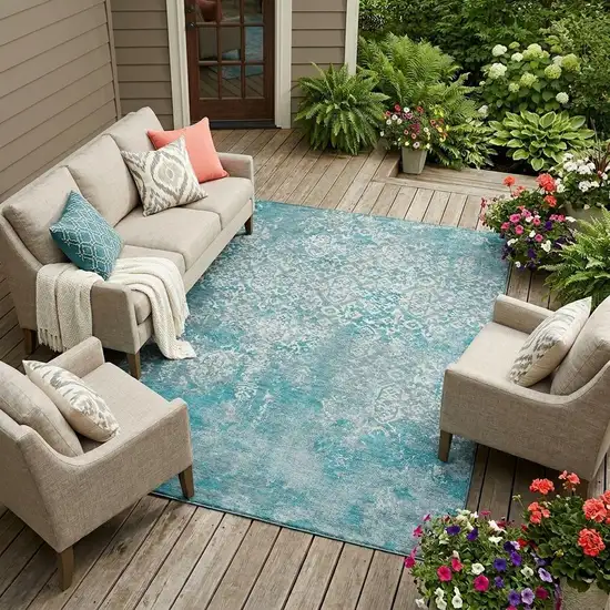 Teal Blue And Brown Oriental Washable Indoor Outdoor Area Rug Photo 1