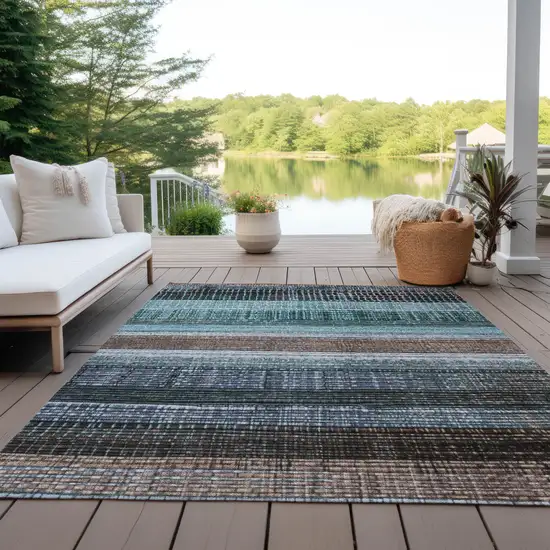 Teal Blue And Brown Striped Washable Indoor Outdoor Area Rug Photo 4