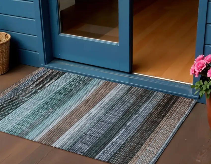 Teal Blue And Brown Striped Washable Indoor Outdoor Area Rug Photo 2
