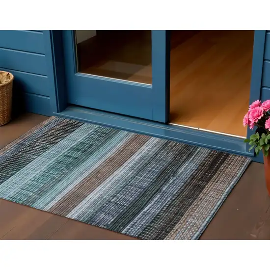Teal Blue And Brown Striped Washable Indoor Outdoor Area Rug Photo 2