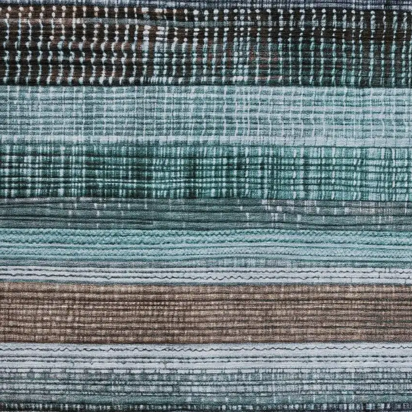 Teal Blue And Brown Striped Washable Indoor Outdoor Area Rug Photo 3
