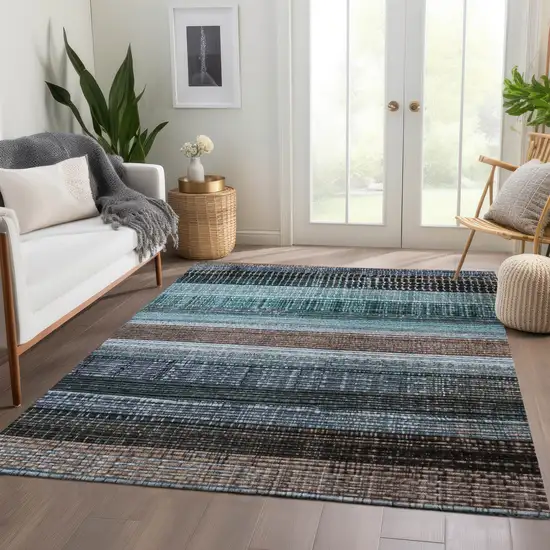 Teal Blue And Brown Striped Washable Indoor Outdoor Area Rug Photo 6