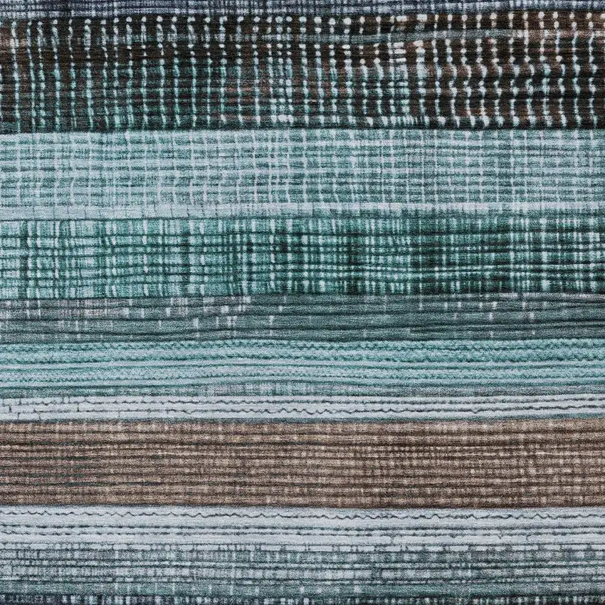 Teal Blue And Brown Striped Washable Indoor Outdoor Area Rug Photo 6
