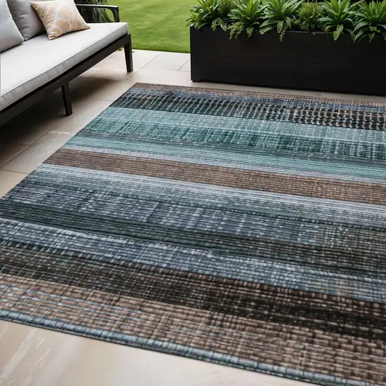 Teal Blue And Brown Striped Washable Indoor Outdoor Area Rug Photo 2