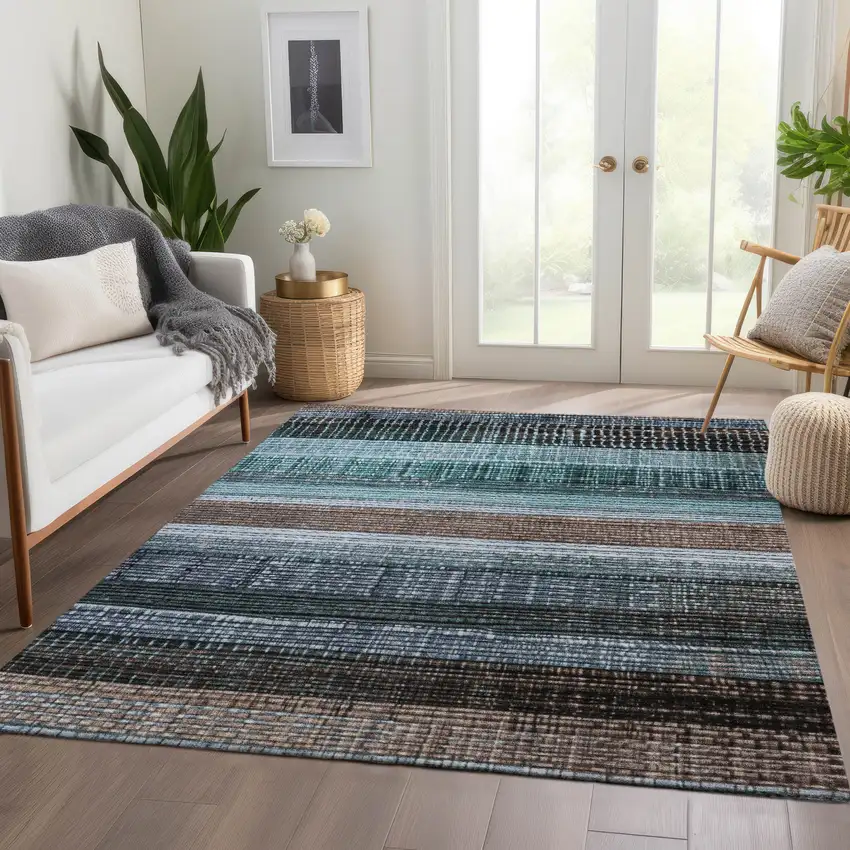 Teal Blue And Brown Striped Washable Indoor Outdoor Area Rug Photo 6