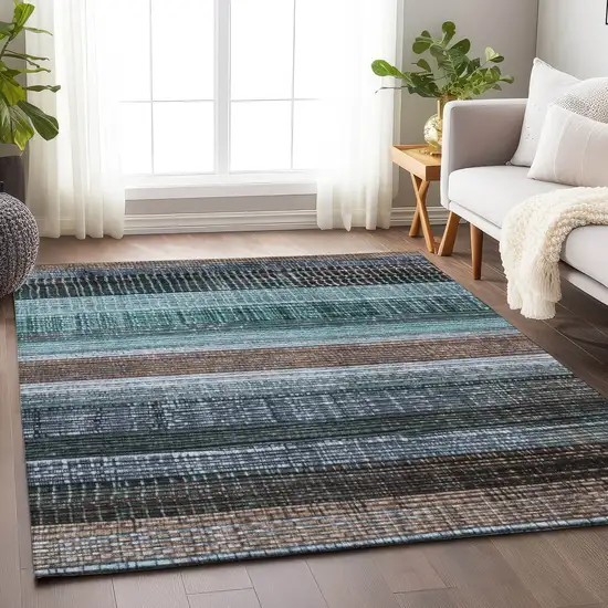Teal Blue And Brown Striped Washable Indoor Outdoor Area Rug Photo 5