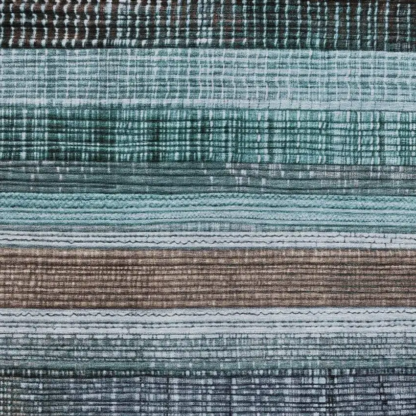 Teal Blue And Brown Striped Washable Indoor Outdoor Area Rug Photo 3