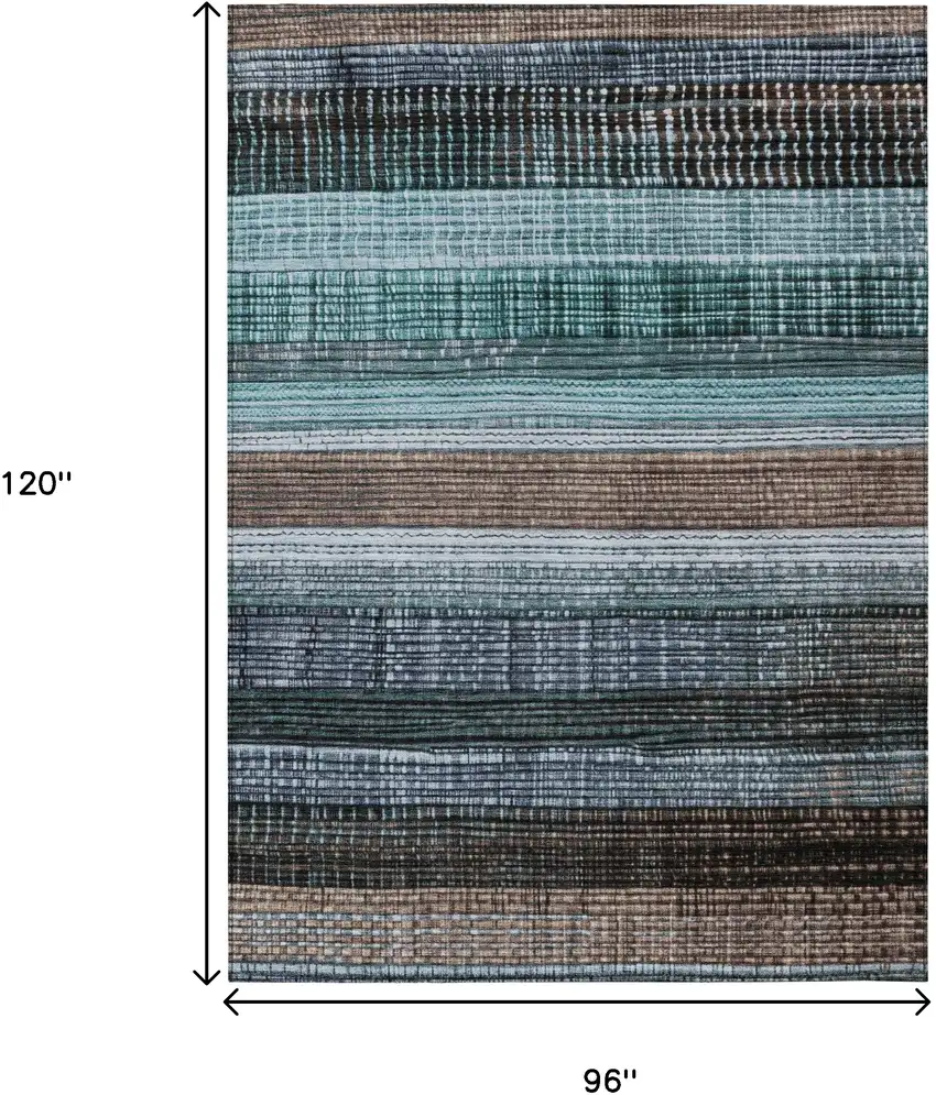 Teal Blue And Brown Striped Washable Indoor Outdoor Area Rug Photo 9