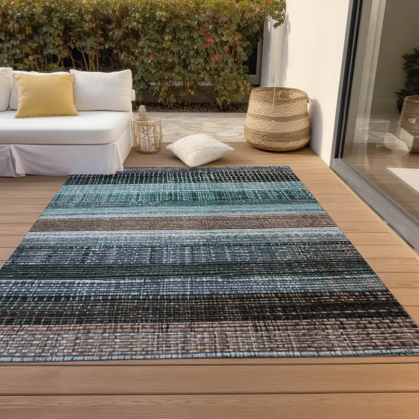Teal Blue And Brown Striped Washable Indoor Outdoor Area Rug Photo 7