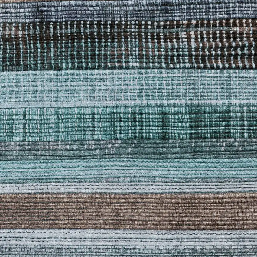 Teal Blue And Brown Striped Washable Indoor Outdoor Area Rug Photo 6