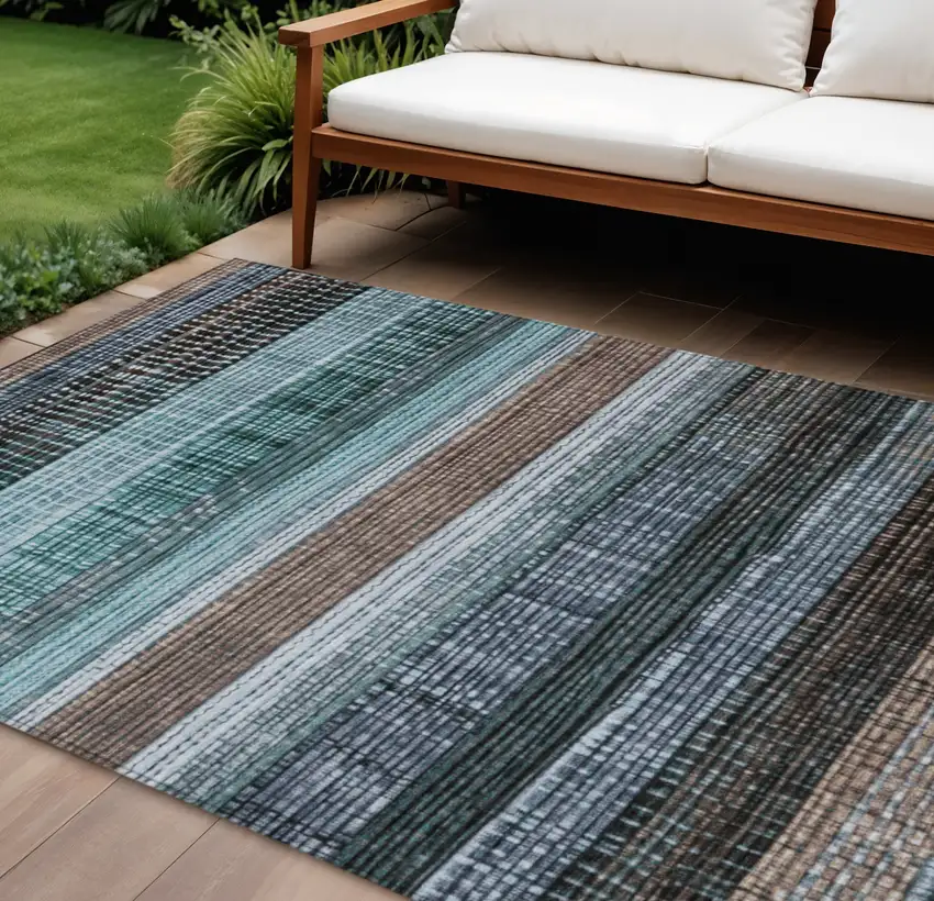 Teal Blue And Brown Striped Washable Indoor Outdoor Area Rug Photo 2