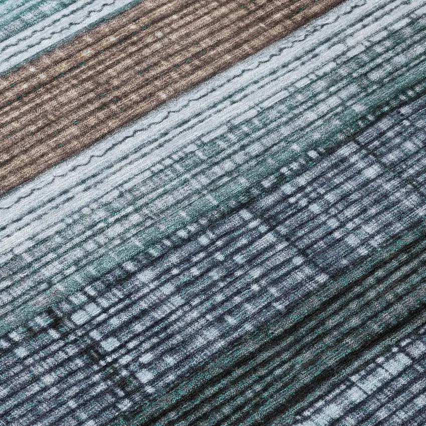 Teal Blue And Brown Striped Washable Indoor Outdoor Area Rug Photo 8