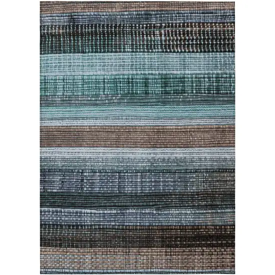 Teal Blue And Brown Striped Washable Indoor Outdoor Area Rug Photo 8