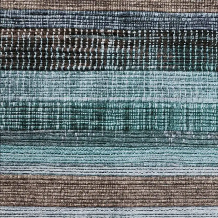 Teal Blue And Brown Striped Washable Indoor Outdoor Area Rug Photo 3