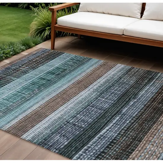Teal Blue And Brown Striped Washable Indoor Outdoor Area Rug Photo 2