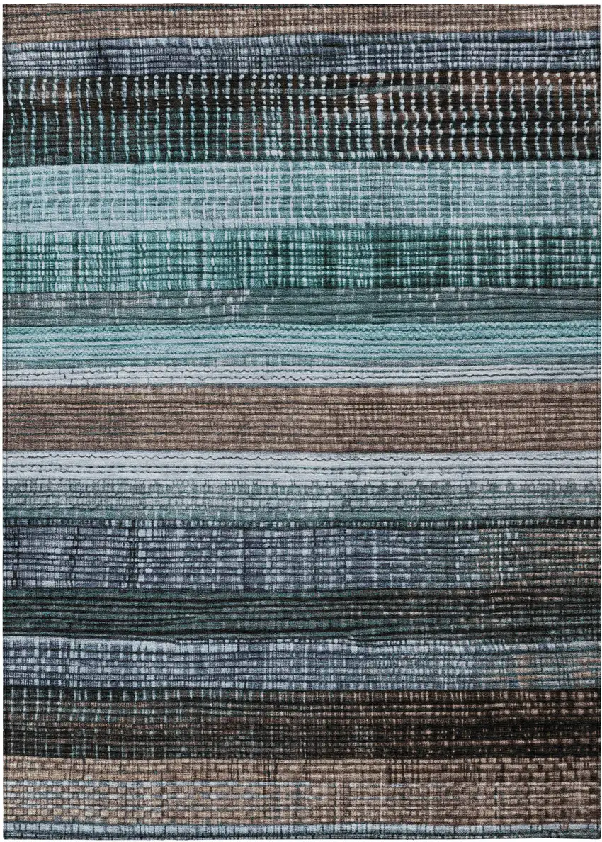 Teal Blue And Brown Striped Washable Indoor Outdoor Area Rug Photo 8