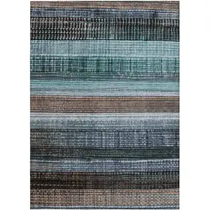 Photo of Teal Blue And Brown Striped Washable Indoor Outdoor Area Rug