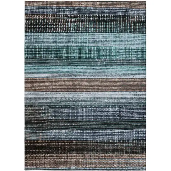 Teal Blue And Brown Striped Washable Indoor Outdoor Area Rug Photo 1