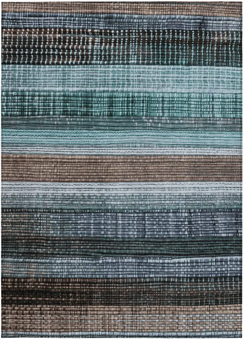 Teal Blue And Brown Striped Washable Indoor Outdoor Area Rug Photo 1