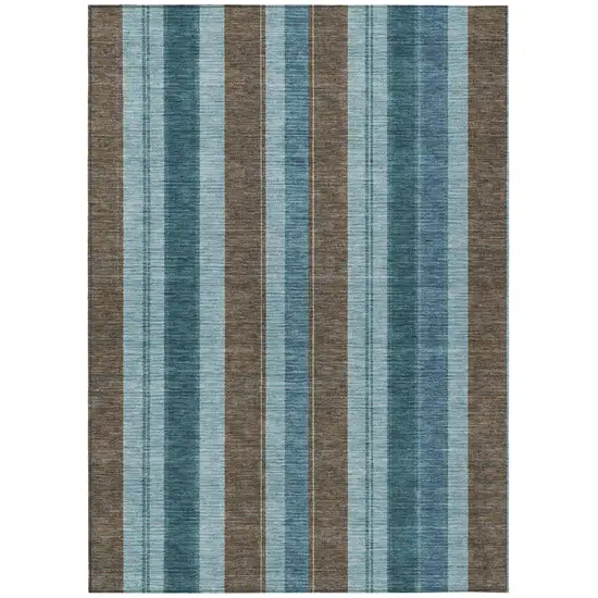 Teal Blue And Brown Striped Washable Indoor Outdoor Area Rug Photo 8