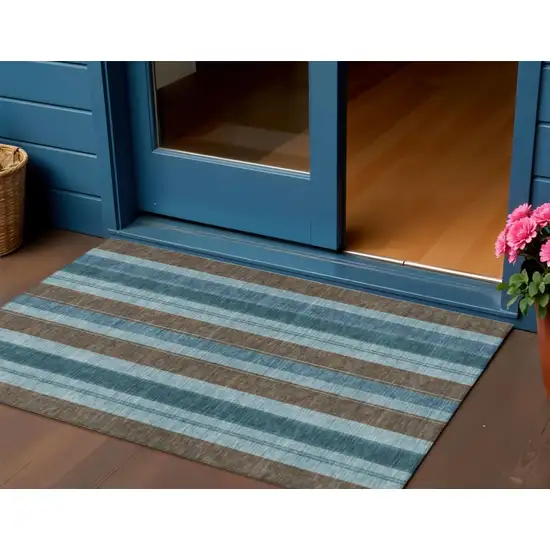 Teal Blue And Brown Striped Washable Indoor Outdoor Area Rug Photo 2