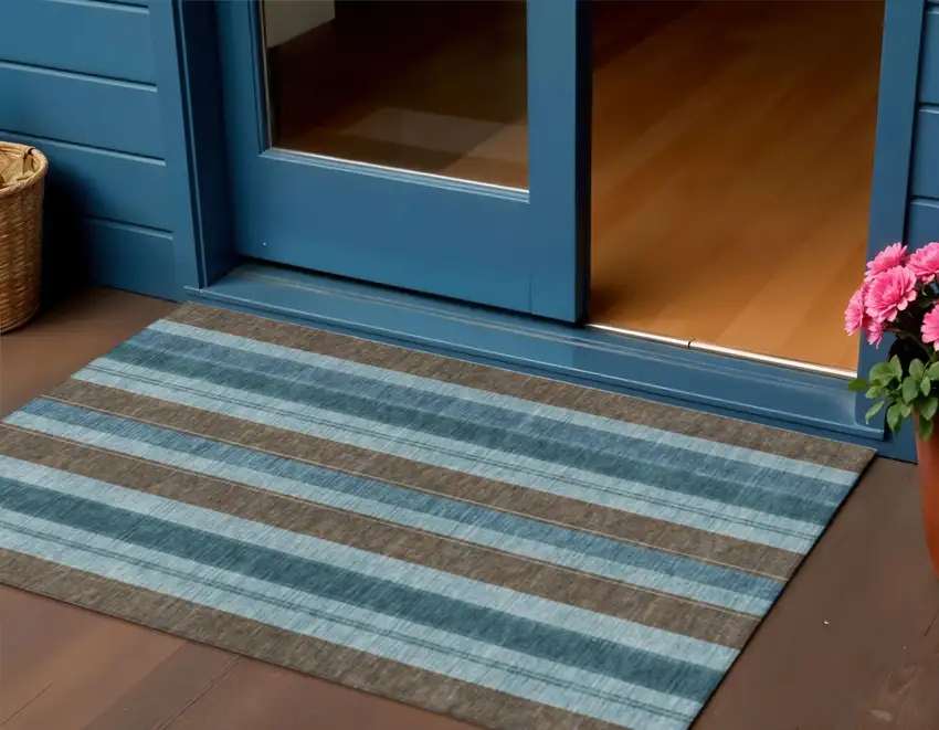Teal Blue And Brown Striped Washable Indoor Outdoor Area Rug Photo 2