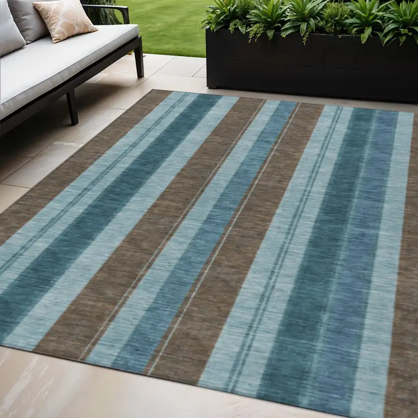 Teal Blue And Brown Striped Washable Indoor Outdoor Area Rug Photo 2