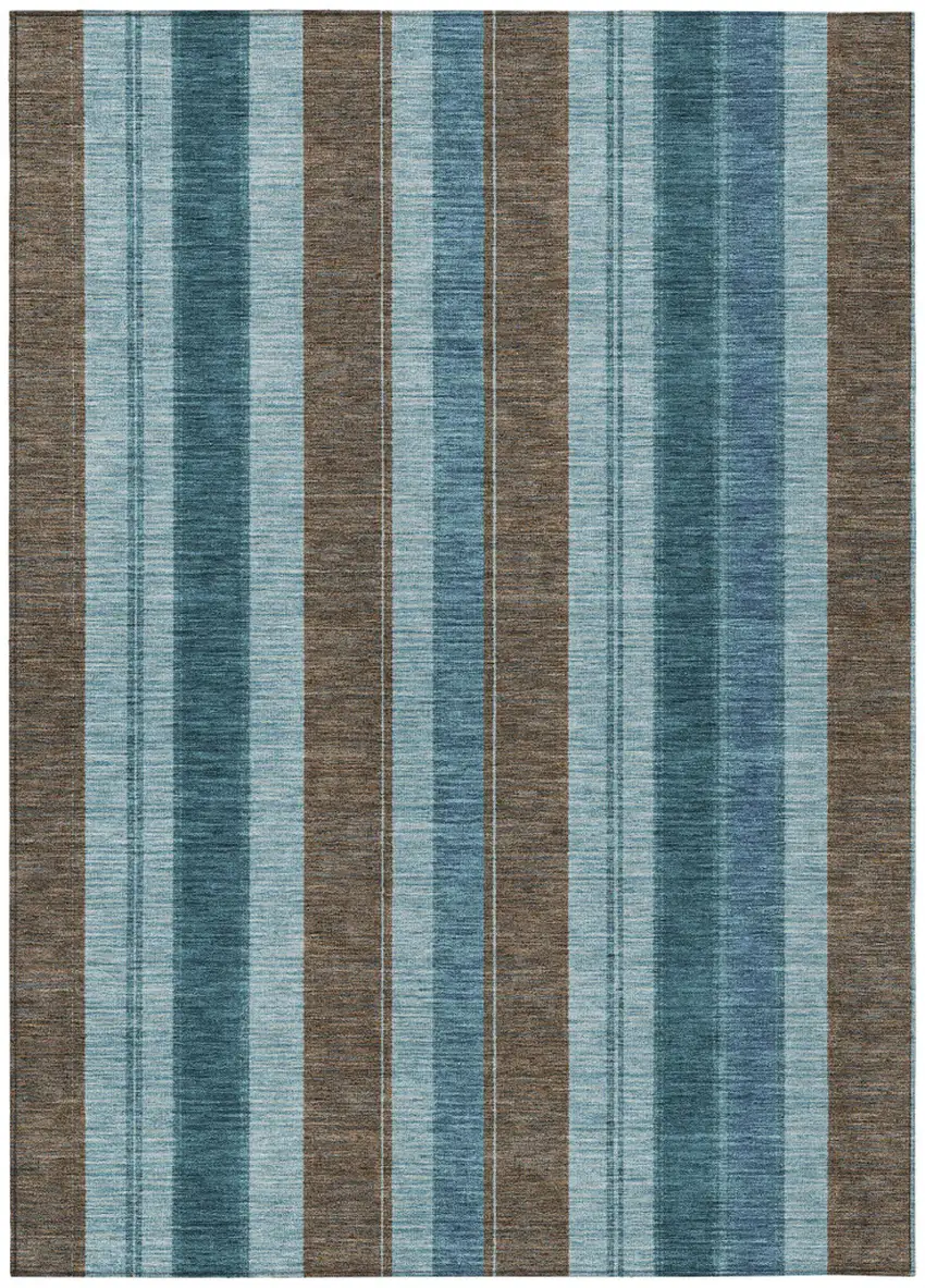 Teal Blue And Brown Striped Washable Indoor Outdoor Area Rug Photo 9
