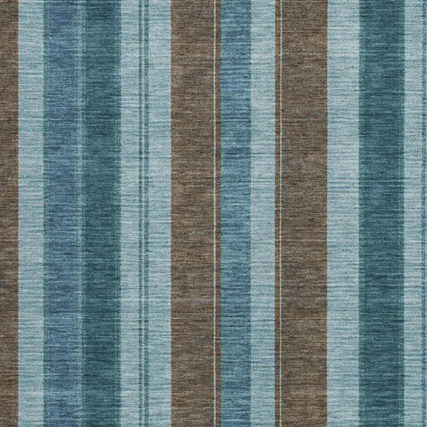 Teal Blue And Brown Striped Washable Indoor Outdoor Area Rug Photo 3