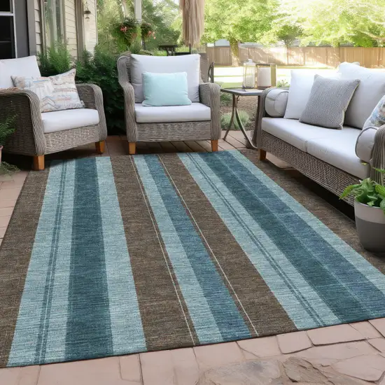 Teal Blue And Brown Striped Washable Indoor Outdoor Area Rug Photo 5