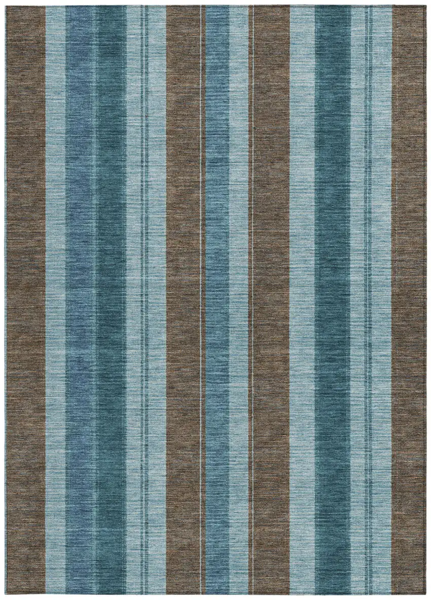 Teal Blue And Brown Striped Washable Indoor Outdoor Area Rug Photo 1