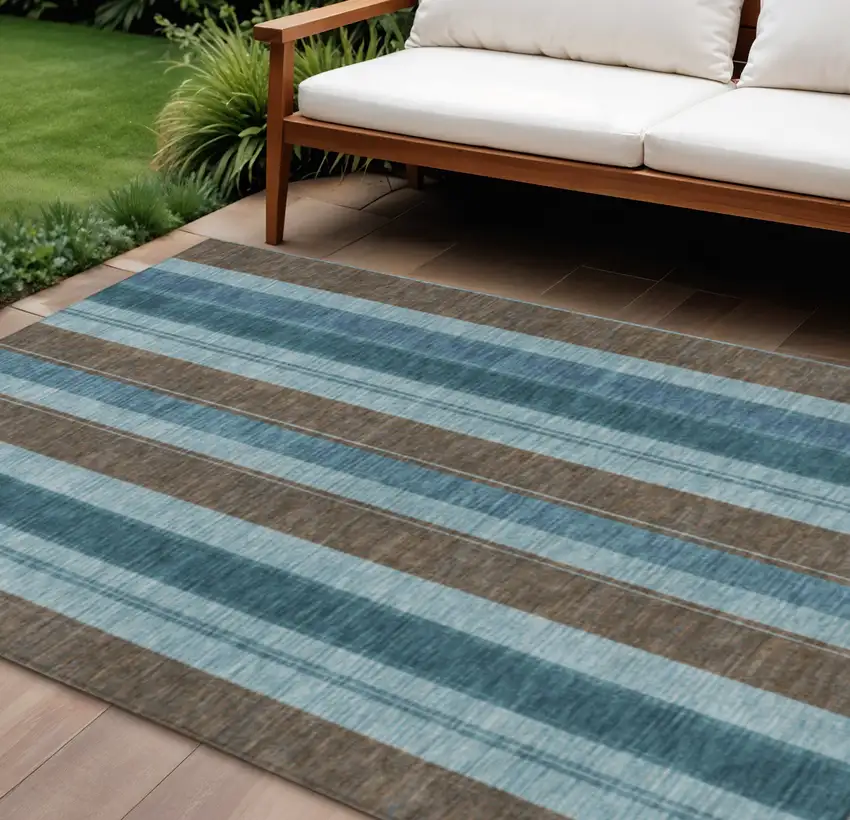 Teal Blue And Brown Striped Washable Indoor Outdoor Area Rug Photo 2