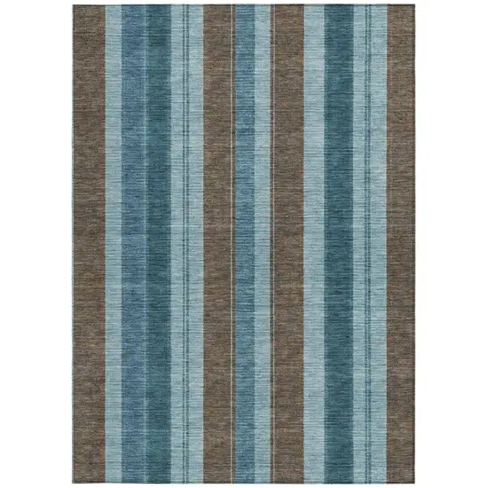 Teal Blue And Brown Striped Washable Indoor Outdoor Area Rug Photo 1