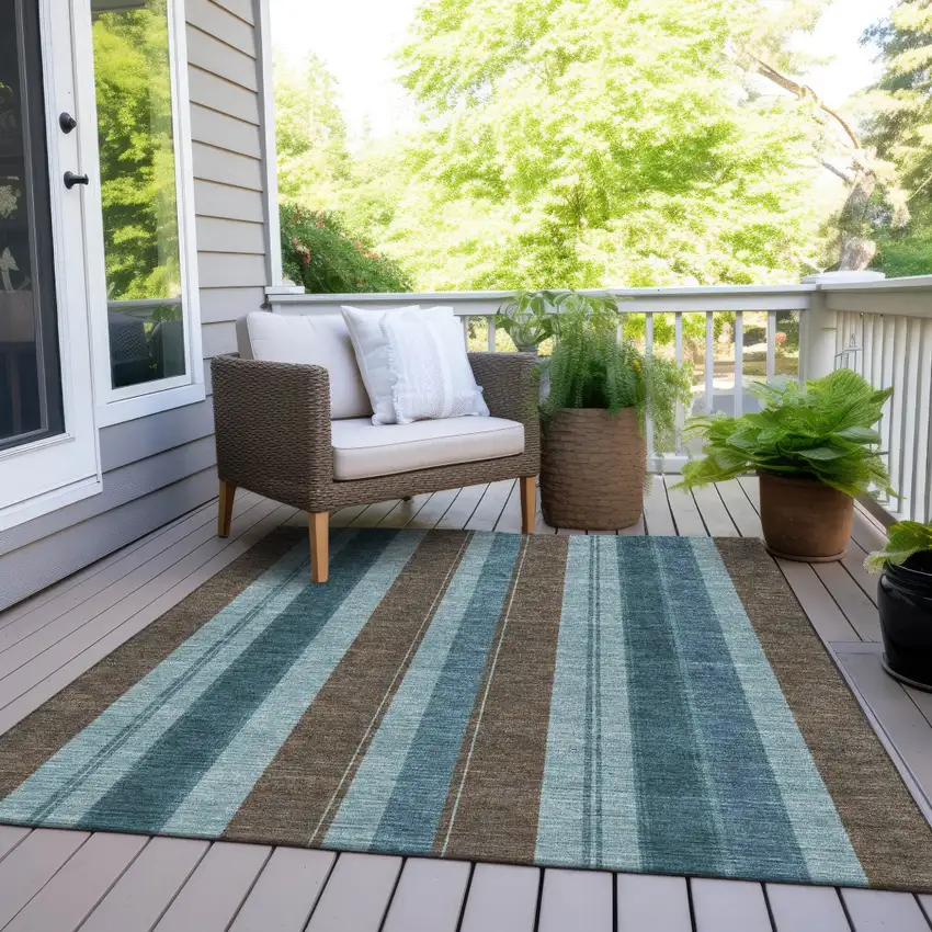Teal Blue And Brown Striped Washable Indoor Outdoor Area Rug Photo 8