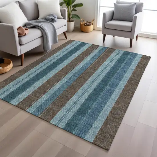 Teal Blue And Brown Striped Washable Indoor Outdoor Area Rug Photo 6