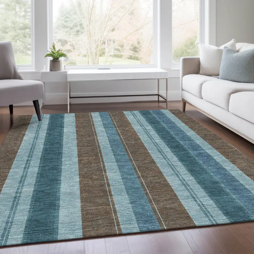 Teal Blue And Brown Striped Washable Indoor Outdoor Area Rug Photo 7