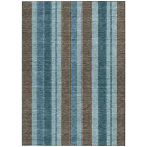Photo of Teal Blue And Brown Striped Washable Indoor Outdoor Area Rug