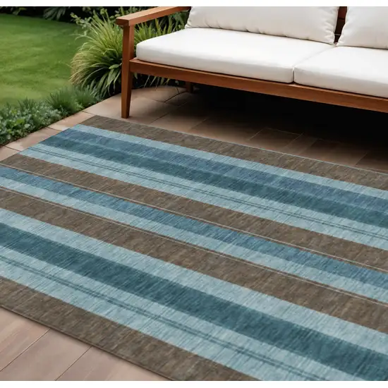 Teal Blue And Brown Striped Washable Indoor Outdoor Area Rug Photo 2